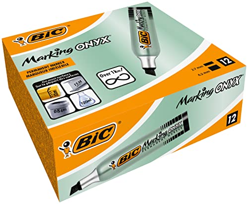 BIC Marking Onyx Permanent Marker, Wasserfester Stift, in Schwarz, 12er Pack, mit Keilspitze, Strichstärke: 2.7 mm bis 6.2 mm, schnelltrocknend von BIC