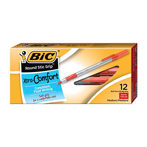 Bic Round Stic Grip Xtra Comfort Kugelschreiber, mittlere Spitze (1,2 mm), Rot, 12 Stück von BIC