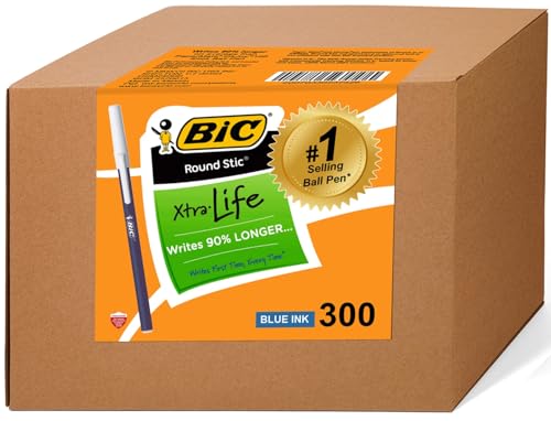 BIC Round Stic Xtra Life Bulk Pens Kugelschreiber, 300 Stück, blaue Tinte, mittlere Spitze, 1,0 mm von BIC