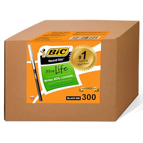 BIC Round Stic Xtra Life Bulk Pens Kugelschreiber, 300 Stück, schwarze Tinte, mittlere Spitze, 1,0 mm von BIC