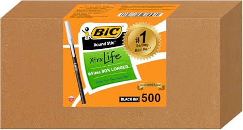 BIC Round Stic Xtra Life Bulk Pens Kugelschreiber, 500 Stück, schwarze Tinte, mittlere Spitze, 1,0 mm von BIC