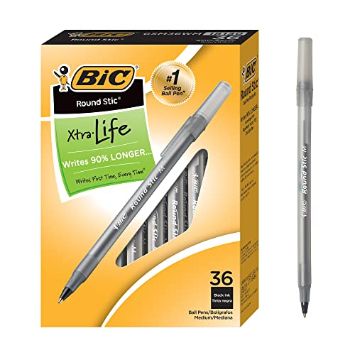 BIC Round Stic Xtra Life Kugelschreiber, Mittelgroße Spitze 36 Count Schwarz von BIC