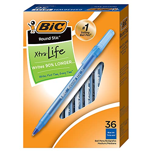 BIC Round Stic Xtra Life Kugelschreiber, mittlere Spitze (1,0 mm), blau, flexibler runder Schaft für Schreibkomfort, 36 Stück (6 Stück, insgesamt 316 Stück) von BIC