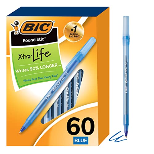 BIC Round Stic Xtra Life Kugelschreiber, mittlere Spitze (1,0 mm), blau, flexibler runder Schaft für Schreibkomfort (9 Stück, insgesamt 540 Stück) von BIC