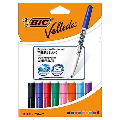 BIC Velleda 1741 Packung mit 8 Markern für Whiteboards, mittlere Spitze, 1,4 mm, optimal gelöscht, verschiedene Farben von BIC