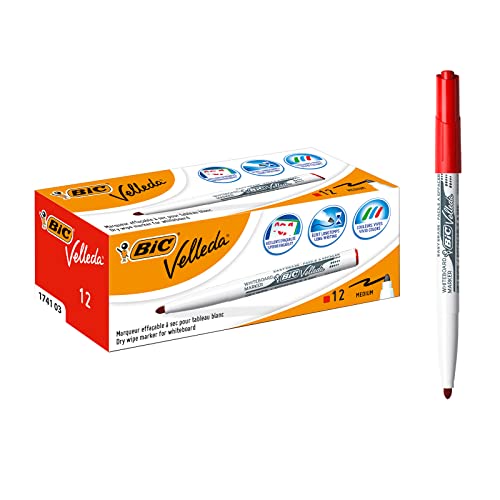 BIC Velleda Whiteboard Marker, 12er Pack, in Rot, mit Rundspitze, Strichstärke: 1,4 mm, geruchsarm, in kompakter Größe von BIC