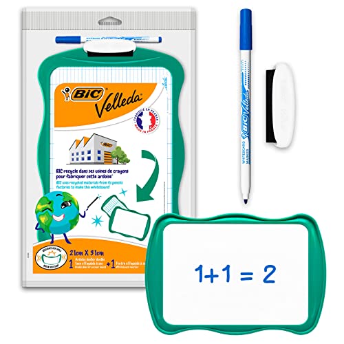 BIC Velleda Whiteboard Set à 3: 1 Tafel (21 x 31 cm), 1 Whiteboard Marker in blau und 1 Whiteboard Schwamm von BIC