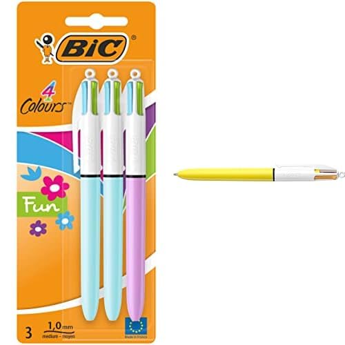 BiC Fashion Kugelschreiber, vierfarbig, 3 Stück & 949898 4 Colours Sun 4-Farb-Druckkugelschreiber (1 mm Blister À) 1 Stück von BIC