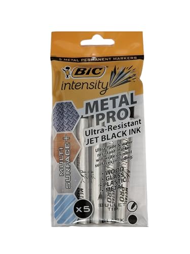 Bic Intensity Metal Pro Permanentmarker, ultra-widerstandsfähig, für verschiedene Oberflächen, feine Spitze, schwarze Tinte, Bullet Point Stifte für Holz, Glas, Kunststoff und Metall, 5 Stück von BIC