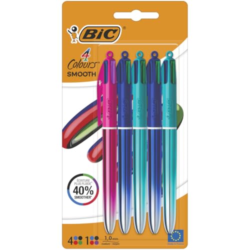 Bic Kugelschreiber mit 4 Farben, Farbverlauf, glatte Tinte, einziehbar, mehrfarbig, 5 Stück von BIC