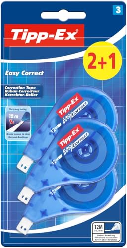 Tipp-Ex Korrekturroller Easy Correct zum seitlichen Korrigieren, 12m x 4.2mm, 3er Pack, Ideal für das Büro, das Home Office oder die Schule von BIC