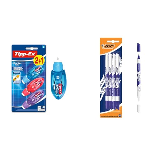 Tipp-Ex Korrekturroller Micro Tape Twist mit Schutzkappe, in 3 Farben & Tintenkiller, 4 Stück, Tintenlöscher schmierfest, Ideal für das Büro, das Home Office oder die Schule von BIC