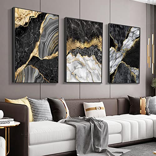 Luxus Poster Moderne Gold Schwarz Marmor Textur Wandkunst Leinwand Gemälde Bilder Drucken Wohnzimmer Inneneinrichtung Wohnkultur 70x100cmx3 Rahmenlos von BIEMBI