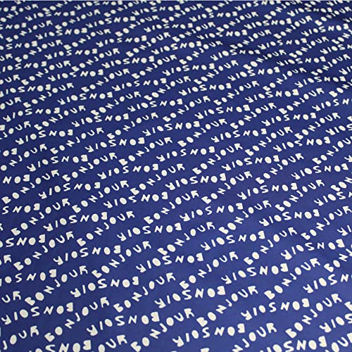 Jackenstoff aus Polyester in dunkelblauer Grundfarbe mit weißen Text-Aufdruck Bonjour - Bonsuir geeignet für leichte Jacken, Regenbekleidung, Taschen von BIG-SAM Kurzwaren & Handarbeitsartikel