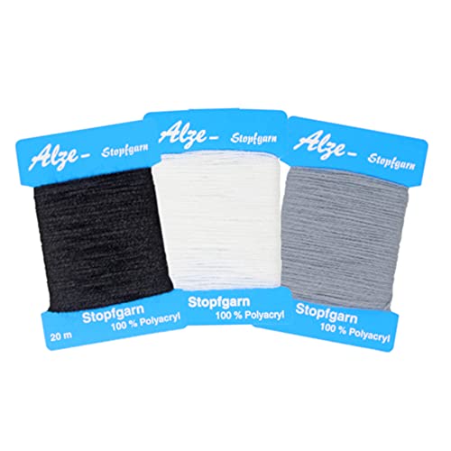 3er Set Stopfgarn | zum stopfen und ausbessern von Löchern, Laufmaschen und bei Strickwaren | auch als Beilaufgarn zu verwenden | 20 Meter pro Karte | 100% Polyacryl (Schwarz - Weiß - Grau) von BIG-SAM