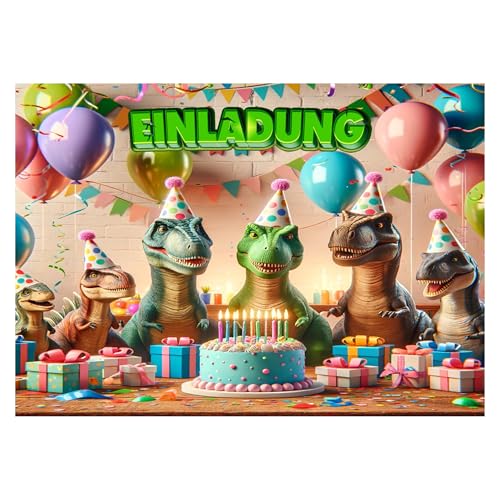 BIGADO 12x Dino Einladungskarten Kindergeburtstag mit Hochglanz Effekt Einladungskarten Dino mit einfach zu beschriftender Rückseite A6 Format Einladungskarten Kindergeburtstag Dino von BIGADO