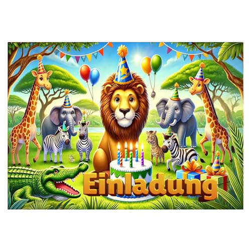 BIGADO 12x Einladungskarten Safari Kinder Hochglanz Effekt Einladung Tiere Kindergeburtstag einfach zu beschriften A6 Format Einladungskarten Geburtstag Zoo (Safari) von BIGADO