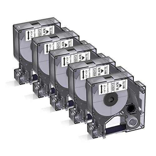 BIGGER Kompatible Etikettenbänder als Ersatz für DYMO D1 Etikettenbänder, 12 mm x 7 m, Schwarz auf Weiß, 45013 S0720530, verwendet mit DYMO Label Maker 160 280 210D, 5 Packungen von BIGGER