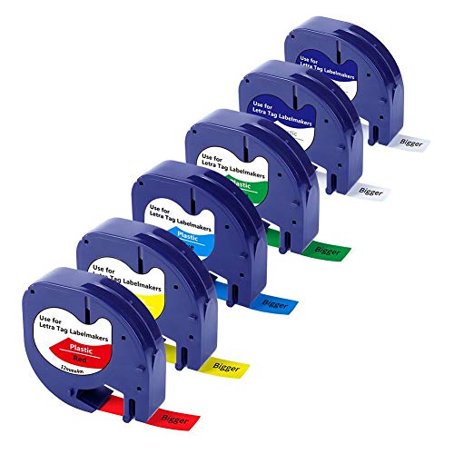 BIGGER kompatible Etikettenbänder als Ersatz für Dymo LetraTag Etikettenbänder, Kunststoff, Schwarz auf Weiß/Gelb/Rot/Blau/Grün/Klar, verwendet mit LT-100H LT-100T, 12mm x 4m, 6 Packungen von BIGGER