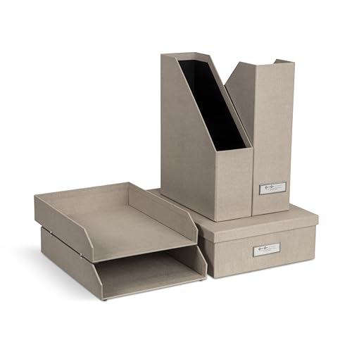 BIGSO HOLGER 5-teiliges Schreibtisch Set – Ordnungssystem mit 2 Stehsammlern, 2 Briefablagen und einer Box – Organizer aus Faserplatte und Papier in Leinenoptik – beige von BIGSO BOX OF SWEDEN