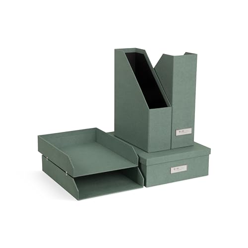 BIGSO BOX OF SWEDEN HOLGER 5-teiliges Schreibtisch Set – Ordnungssystem mit 2 Stehsammlern, 2 Briefablagen und einer Box – Organizer aus Faserplatte und Papier in Leinenoptik – mintgrün von BIGSO BOX OF SWEDEN
