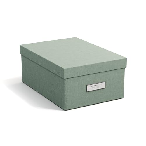 Bigso Box of Sweden KARIN kleine Aufbewahrungsbox mit Deckel – stabiler Organizer aus Faserplatte und Papier in Leinenoptik – praktische Faltbox mit Etikettenrahmen für extra Stauraum – mintgrün von BIGSO BOX OF SWEDEN