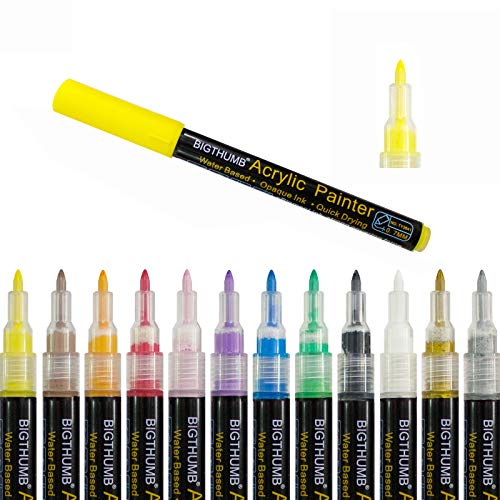 Acrylstifte Marker Stifte, 12 Farben Wasserfest Acrylstifte für Steine Bemalen, Acrylfarben Stifte für Glas Kinder DIY Keramik Porzellan Metall Kunststoff Holz Leinwand von BIGTHUMB