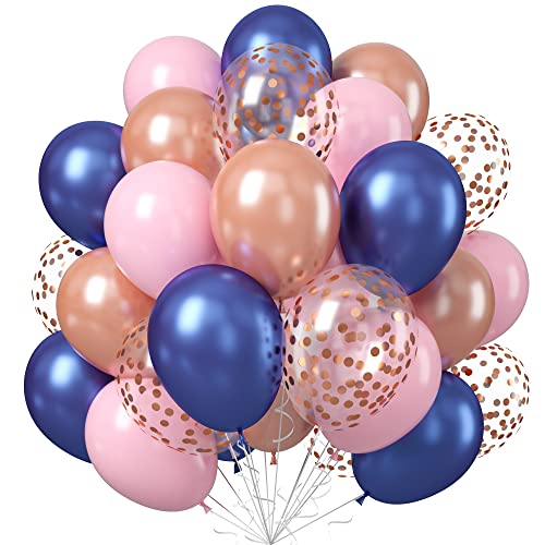 Luftballons Blau Rosegold, 60 Stück Marineblau Rosa Roségold Konfetti Latex Ballons, Luftballon Dunkelblau Pastell Hellrosa Helium Party Ballons für Junge Mädchen Gender Reveal Geburtstag Party Deko von BIIOONES