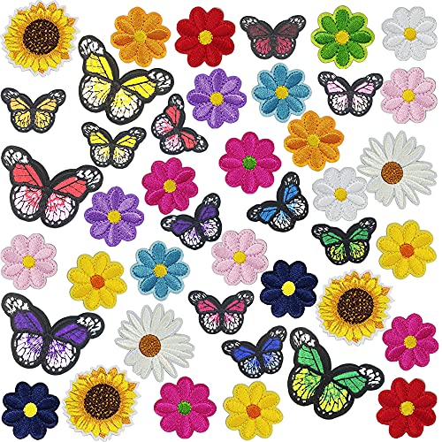 42 Stück bestickte Blumen Schmetterling Aufnäher Sonnenblume Daisy Patch für Kleidung Nähen auf Patches Set für Jacken Jeans Taschen Kleidung Kunst Handwerk DIY Dekoration von BILI