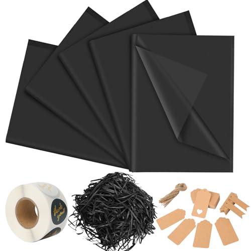 100 Blatt Seidenpapier Schwarz, 50 x 35cm Seidenpapier zum Verpacken, Transparentpapier Verpackungsmaterial mit Anhänger und Bast, Tissue Paper für DIY Deko, Basteln, Geschenkverpackungen Füller von BILIPLE