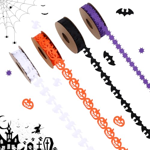 4 Rollen Halloween-Bänder, 9,1 m, schwarz, weiß, orange, lila, Halloween, Fledermaus, Geist, Kürbis, Spinnennetz-Form, Bänder für Geschenkverpackungen, Kränze, Verpackung, DIY, Basteln, Halloween, von BINBE