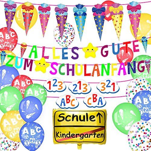 BINXIRUI Einschulung Deko, Schulanfang Mädchen Junge Deko, Alles Gute Zum Schulanfang Girlande + Groß Zuckertüten Banner + Wolkenförmiges Banner mit 123 ABC + Folienballon von BINXIRUI