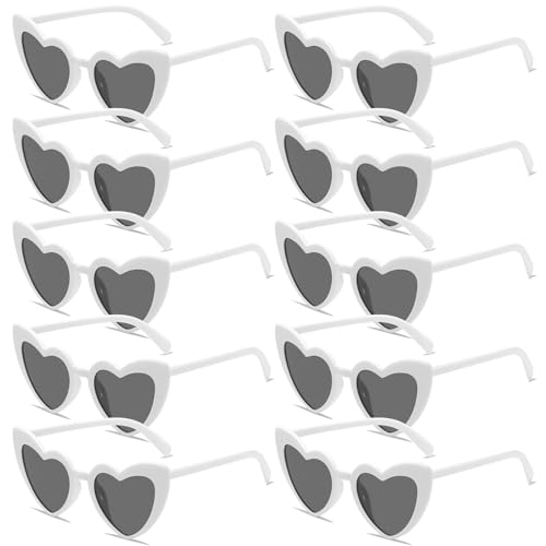 Herz Sonnenbrille Partybrille Set Herzform Brille JGA Brillen Herzbrille 90er Jahre Hippie Herzförmige Brille Herzchen Brille für Party Hochzeit Karneval Halloween 10 Stück (Weiß) von BINYI