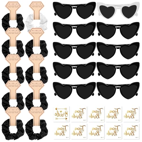 JGA Brillen Team Braut Haargummi Herz Sonnenbrille Bride Partybrille Set 10 Herzförmige Brille 10 Haargummi 10 Aufkleber JGA Deko Accessoires für Junggesellinnenabschied 30 Stück von BINYI