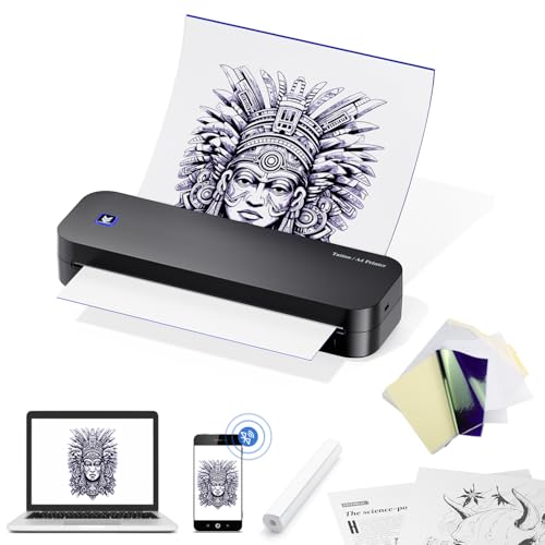 Biomaser Bluetooth Tattoo Drucker Tattoo Printer mit 20 Blatt Tattoo Stencil A4 Papier Professionelle Tattoo Stencil Printer Maschine, Kompatibel mit iPad & Telefon & PC für Anfänger Tattoo Künstler von BIOMASER