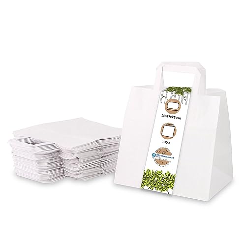 BIOZOYG 100x Papiertragetaschen 26 x 17 x 25 cm - weiße Papiertüten mit Henkel Einkaufstüten - Papiertaschen Geschenktüten Tragetaschen Kraftpapier von BIOZOYG