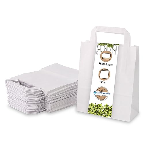 BIOZOYG 50x Papiertragetaschen 18 x 8 x 22 cm - weiße Papiertüten mit Henkel Einkaufstüten - Papiertaschen Geschenktüten Tragetaschen Kraftpapier von BIOZOYG