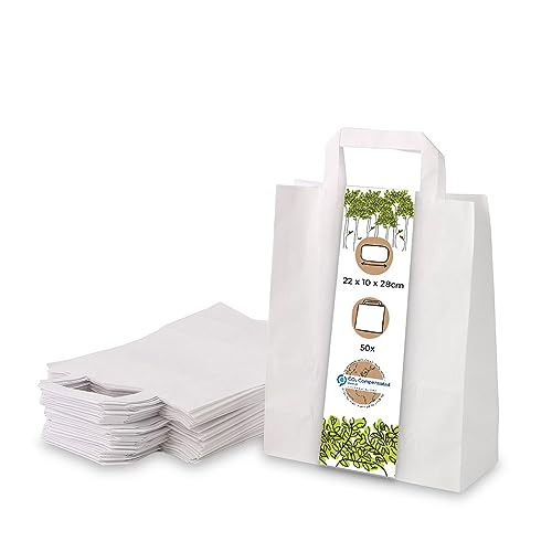 BIOZOYG 50x Papiertragetaschen 22 x 10 x 28 cm - weiße Papiertüten mit Henkel Einkaufstüten - Papiertaschen Geschenktüten Tragetaschen Kraftpapier von BIOZOYG