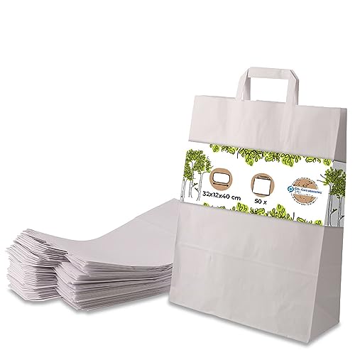 BIOZOYG 50x Papiertragetaschen groß 32 x 12 x 40 cm - weiße Papiertüten mit Henkel Einkaufstüten - Papiertaschen Geschenktüten Tragetaschen von BIOZOYG