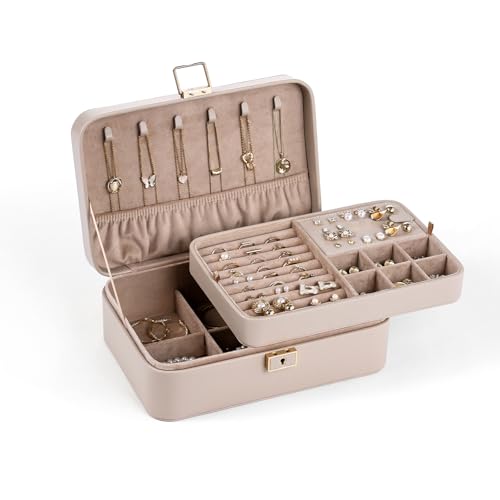 BIQI MUSSE 2-lagige Schmuckschatulle, PU-Leder, Schmuck-Organizer mit Schloss, abnehmbares Schmucktablett, Schmuckaufbewahrung für Ohrringe, Halsketten, Ringe, Geschenk, ideal für Frauen, Helltaupe von BIQI MUSSE