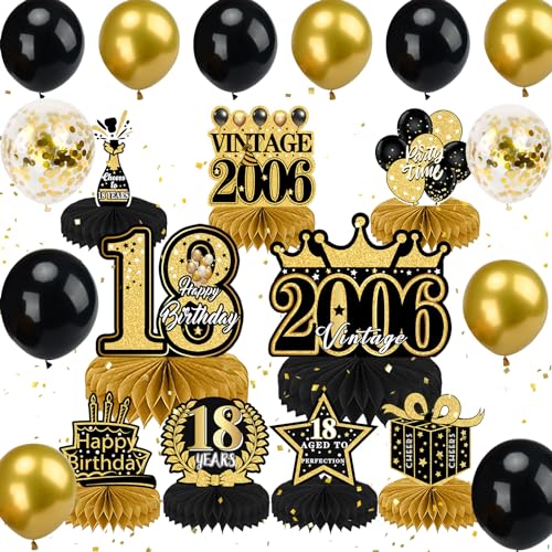 18 Geburtstag Deko, 18. Geburtstag Männer Frauen Dekorationen Luftballons Set mit Schwarze Goldene Bienenwabe Mittelstück Tischdeko Geburtstag, 18. Geburtstag Deko, Geburtstagsdeko 18 Jahre von BIQIQI