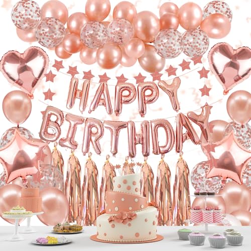 BIQIQI Geburtstagdeko Rosegold,Frauen Party Luftballons mit Stern Herz Folien Ballon Happy Birthday Banner Quasten Konfetti Ballon für Frauen Geburtstag Hochzeits JGA Dekoration von BIQIQI