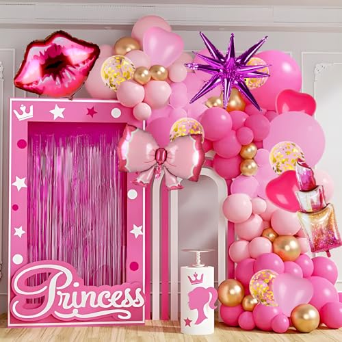 BIQIQI Barbi Prinzessin Luftballon, 108 Stücke Ballon Girlande Rosa Rosenrot Gold Herzform Lippenstift Kuss Bow für Mädchen Frauen Hochzeit Braut Baby Shower Prinzessin Geburtstag Deko von BIQIQI