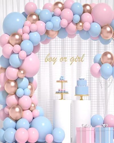 Gender Reveal Party Dekoration,BIQIQI 99stück Babyparty Luftballon Girlande Rosa Blau mit Blau Rosa Latex Luftballons,Rosegold Metallic Luftballons für Baby Shower Geburtstag Hochzeit Deko von BIQIQI