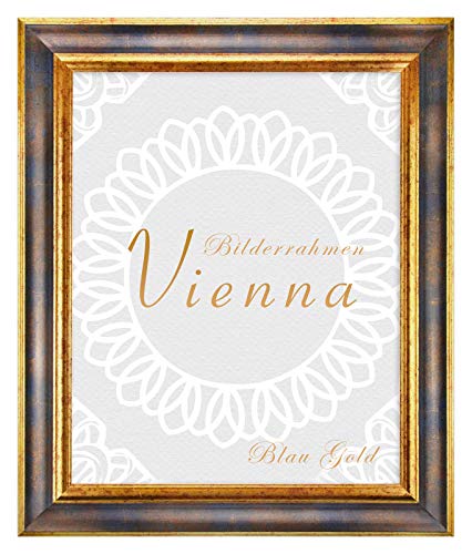 BIRAPA Bilderrahmen gold Vienna Rahmen 42x59,4 cm - Bilderrahmen vintage in Blau Gold, Bilderrahmen Holz mit Zierleiste innen und außen, Fotorahmen, Holzrahmen von BIRAPA