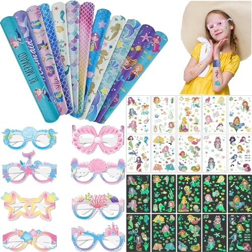 BIRBANN 30 Stück Meerjungfrau Dekoration Set, Mädchen Meerjungfrau Deko Party Favours, Mermaid Themed Birthday Party Favours, Snap Ringe, Kinder Tattoos, Meerjungfrau Brille von BIRBANN