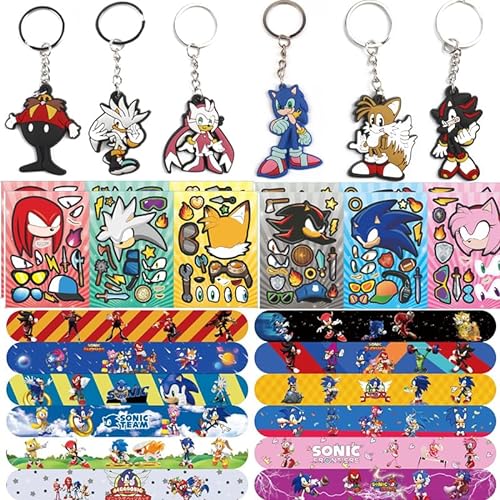 Hedgehog，Sonic Birthday Party Decorations, 30PCS Sonic-themed Birthday Party Favours for Kids:12 Sonic Armbänder,12 Aufkleber ，6"Sonic" Schlüsselanhänger, für Karneval Preise, Kinder Geschenke von BIRBANN