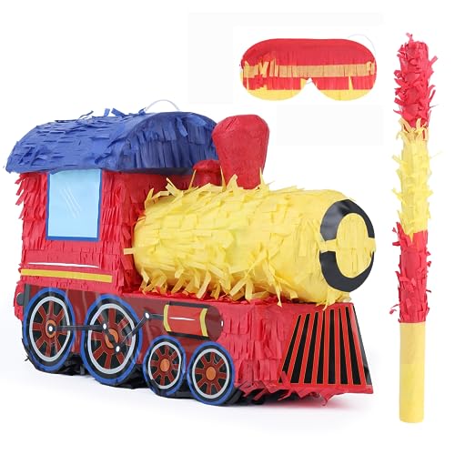 BIRCHIO 3D Zug Pinata Bundle mit einer Augenbinde und Fledermaus (42 x28 x17 cm), Zug Pinata für Jungen Geburtstag Party Supplies, perfekt für Geburtstagsparty, Zug Thema Party, Dekoration von BIRCHIO