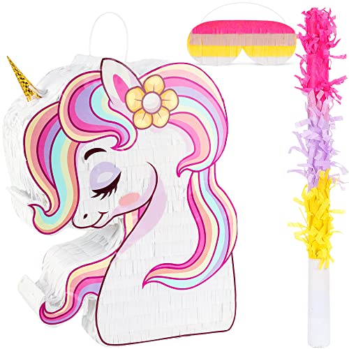 BIRCIHO Einhorn Pinata Bundle mit einer Augenbinde und Fledermaus (33 x19 x10cm), pinata geburtstag mädchen, perfekt für Geburtstagsparty Einhorn Thema Party, Dekoration von BIRCHIO