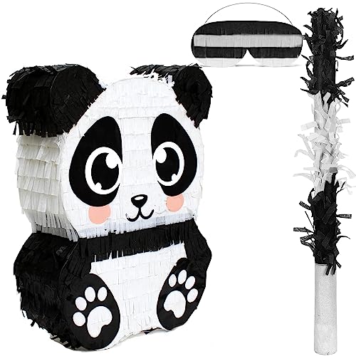 BIRCHIO Panda Pinata Set mit Augenbinde und Fledermaus (43 x 33 x 10 cm), Pinjata für Kinder, perfekt für kindergeburtstag und Dekoration von BIRCHIO